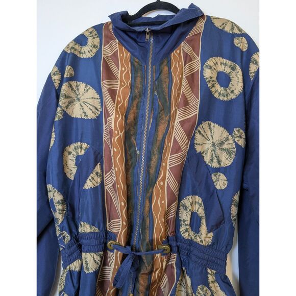 Vintage 80s Silk Windbreaker Jacket Abstract Print Blue Gold Lightweight M Retro - Picture 5 of 8